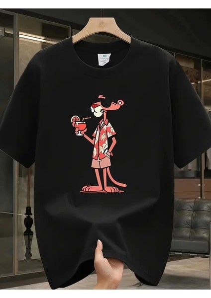 Baskılı Oversize Bisiklet Yaka T-Shirt - Siyah