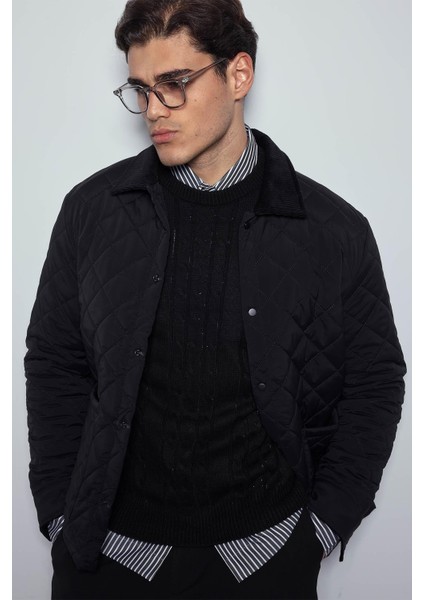 Erkek Oversize Fitilli Yaka Detaylı Kapitone Ceket Siyah