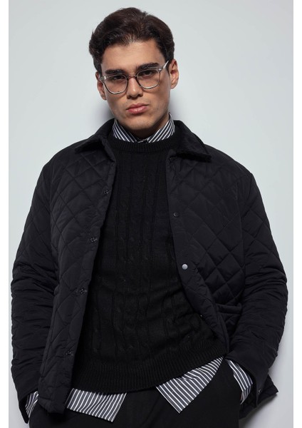 Erkek Oversize Fitilli Yaka Detaylı Kapitone Ceket Siyah modelleri