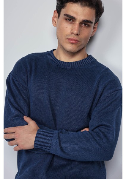 Erkek Oversize Bisiklet Yaka Basic Triko Kazak Lacivert fırsatları