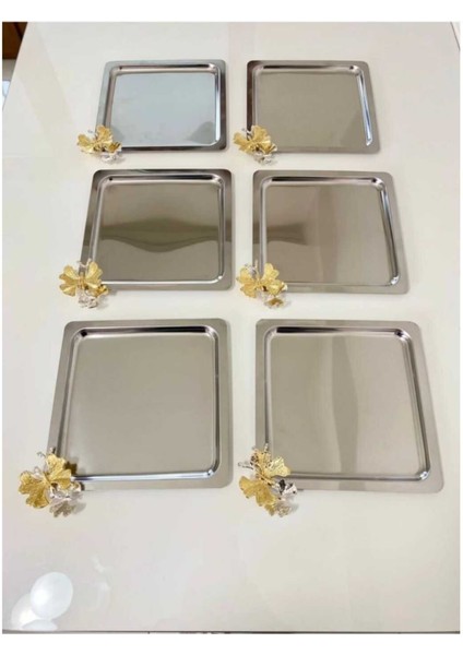 6'lı Lüx Kare Kelebekli Titanyum Kaplama Sunum Tepsisi, Çay Kahve Ikramlik