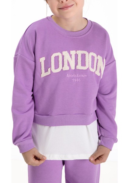 Mor London Yazılı Nakışlı Kız Çocuk Geniş Paça Eşofman Takımı 22725 modelleri
