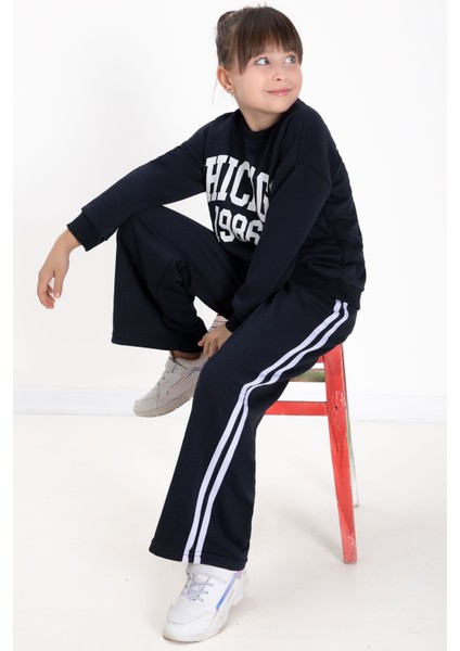 Lacivert Chicago Baskılı Kız Çocuk Şeritli Eşofman Takımı 22728