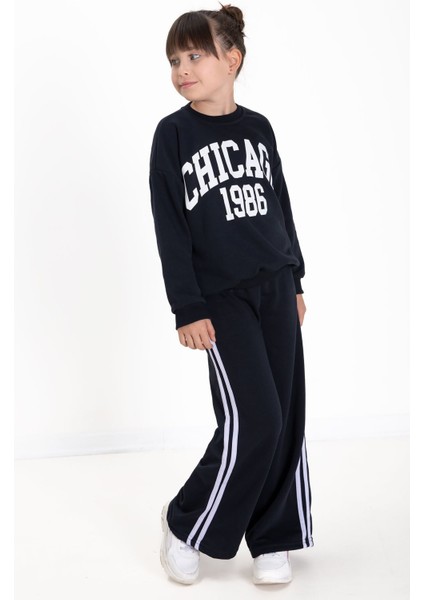 Lacivert Chicago Baskılı Kız Çocuk Şeritli Eşofman Takımı 22728 fiyatları