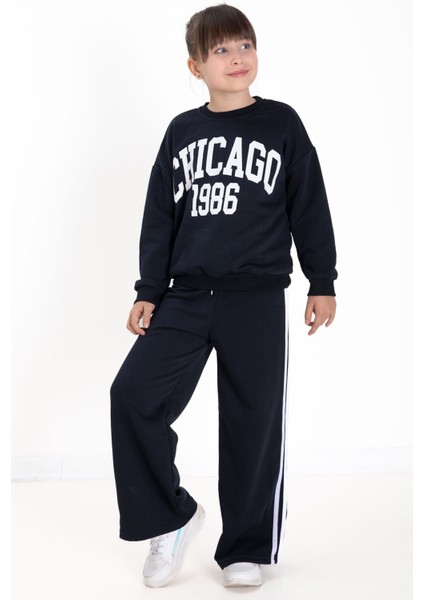 Lacivert Chicago Baskılı Kız Çocuk Şeritli Eşofman Takımı 22728 modelleri