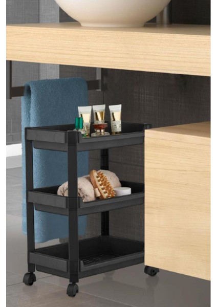 3 Katlı Tekerlekli Organizer Raf, Mutfak Banyo Temizlik, Siyah (22X36X48CM) fiyatları