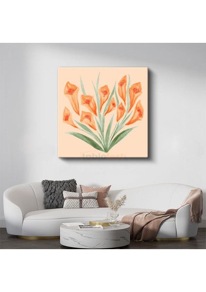 Turuncu Zambaklar - Krem Fonda Botanik Illüstrasyon Kanvas Tablo