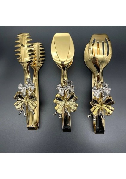 Altın Kaplama 3'lü Servis Maşası Seti Pasta, Makarna, Salata Için Şık Tasarım