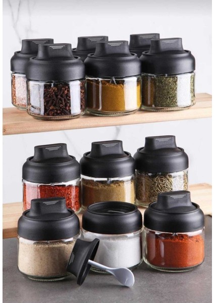 12 Adet Mat Kapaklı Kendinden Kaşıklı Baharatlık Seti, 300 Ml, Kilitli ve Etiketli