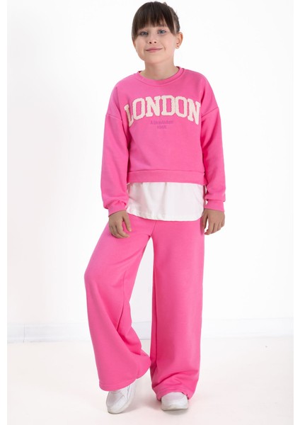 Pembe London Yazılı Nakışlı Kız Çocuk Geniş Paça Eşofman Takımı 22724
