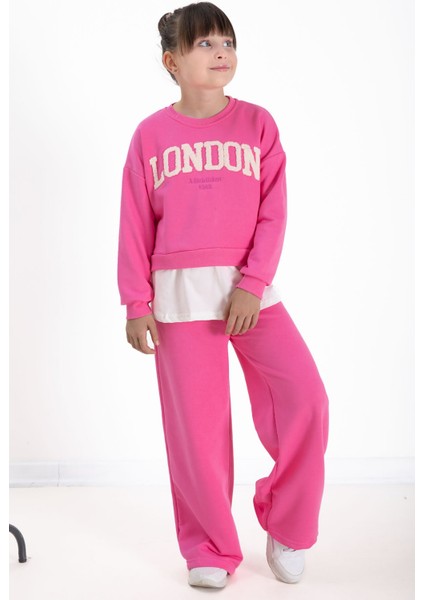 Pembe London Yazılı Nakışlı Kız Çocuk Geniş Paça Eşofman Takımı 22724 fiyatları