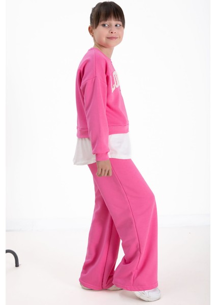 Pembe London Yazılı Nakışlı Kız Çocuk Geniş Paça Eşofman Takımı 22724 modelleri