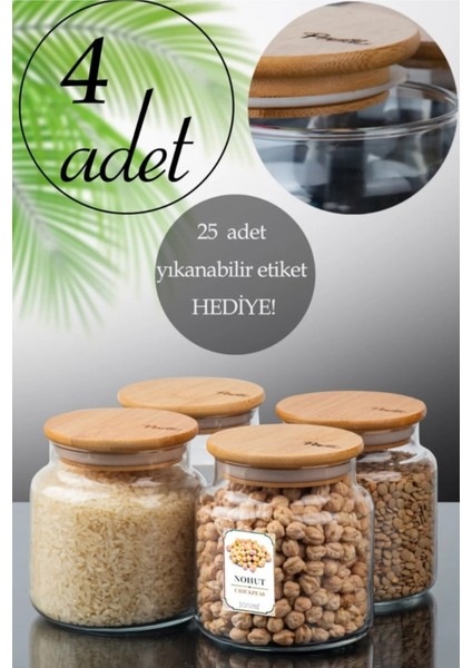 4'lü 500 ml Bambu Kapaklı Cam Kavanoz Seti, Bakliyat ve Baharatlar Için Ideal