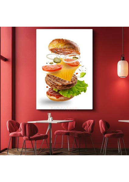 Burger Patlamasi - Havada Asılı Duran Malzemeleriyle Yaratıcı Hamburger Kanvas Tablo