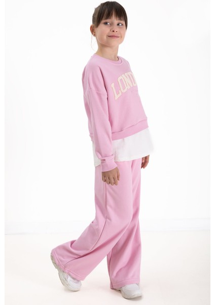 Toz Pembe London Yazılı Nakışlı Kız Çocuk Geniş Paça Eşofman Takımı 22726