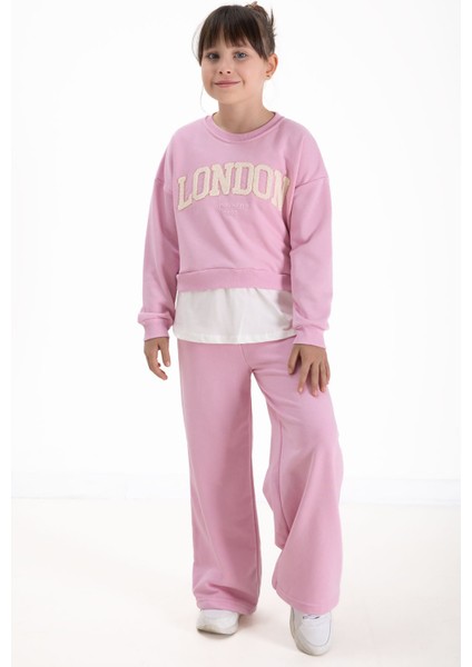 Toz Pembe London Yazılı Nakışlı Kız Çocuk Geniş Paça Eşofman Takımı 22726 fiyatları