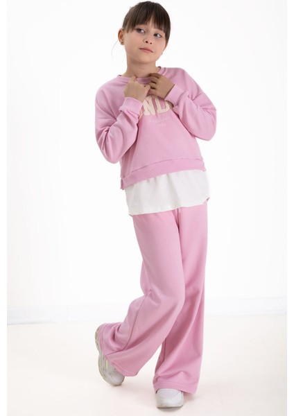 Toz Pembe London Yazılı Nakışlı Kız Çocuk Geniş Paça Eşofman Takımı 22726 fırsatları