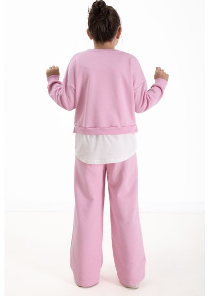 Toz Pembe London Yazılı Nakışlı Kız Çocuk Geniş Paça Eşofman Takımı 22726 indirimleri