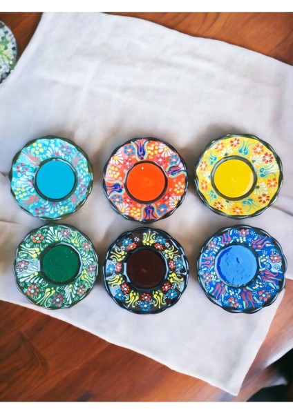 Renkli Çini Çay Tabağı Takımı, Otantik Desen, 6 Parça, Dantel Kabartma Tasarım fiyatları