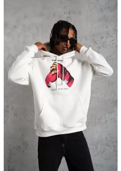 Erkek Eldiven Baskılı Kapüşonlu Sweat - Beyaz