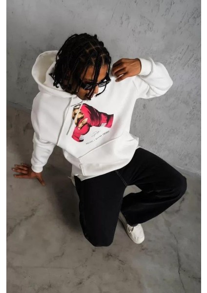 Erkek Eldiven Baskılı Kapüşonlu Sweat - Beyaz fırsatları