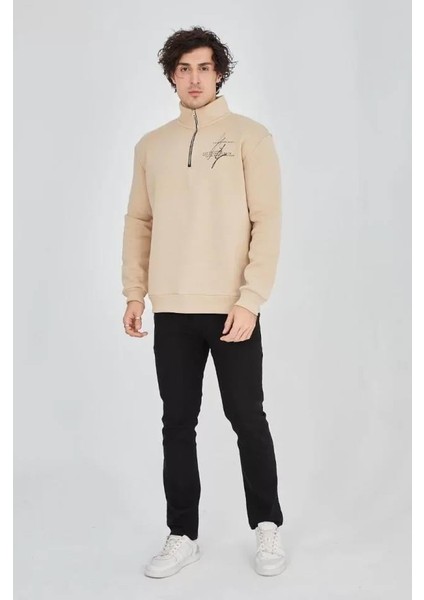 Erkek Yarım Fermuarlı Baskılı Sweat - Bej modelleri