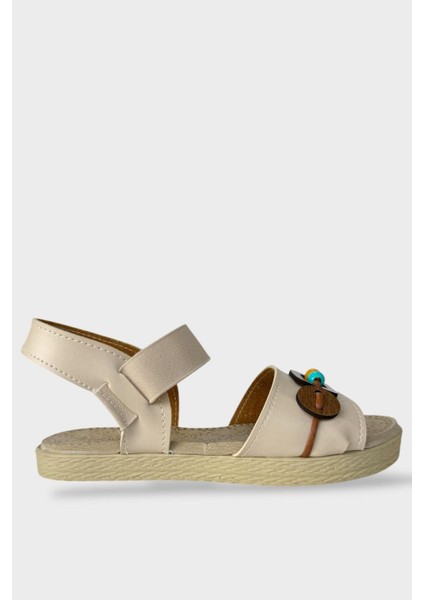 Lastikli Boncuk Detaylı Günlük Kadın Sandalet Bej - Taba