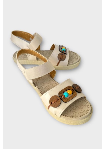 Lastikli Boncuk Detaylı Günlük Kadın Sandalet Bej - Taba fiyatları