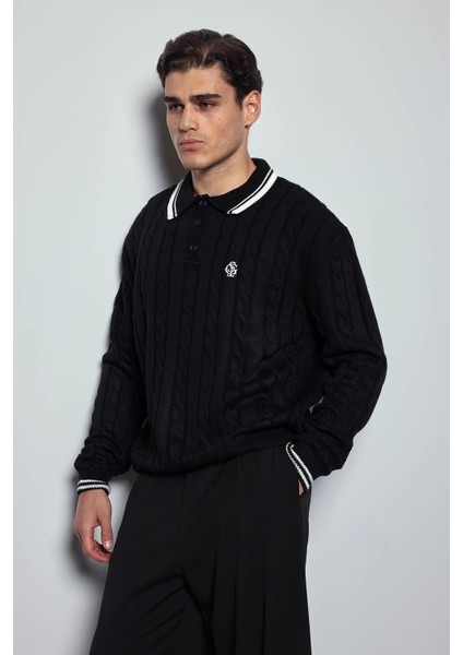 Erkek Oversize Polo Yaka Örgü Desenli Triko Kazak Siyah