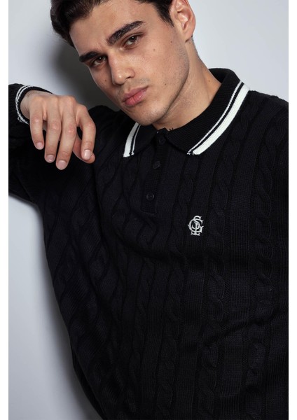 Erkek Oversize Polo Yaka Örgü Desenli Triko Kazak Siyah fiyatları