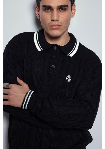 Erkek Oversize Polo Yaka Örgü Desenli Triko Kazak Siyah modelleri
