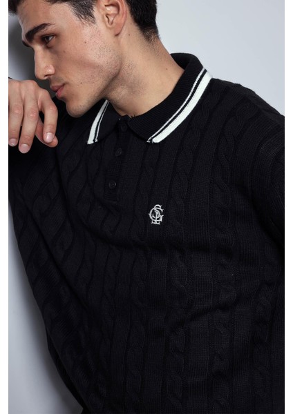 Erkek Oversize Polo Yaka Örgü Desenli Triko Kazak Siyah fırsatları