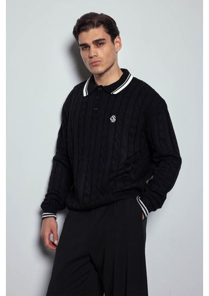 Erkek Oversize Polo Yaka Örgü Desenli Triko Kazak Siyah indirimleri