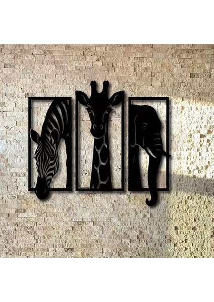 Dekoratif Üçlü Hayvan Zebra Zürafa Fil Ahşap Duvar Tablo Dekor