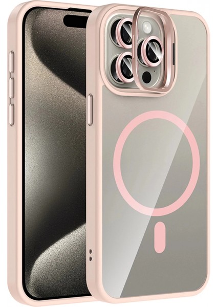 Apple iPhone 14 Pro Max Remim Lensli Magsafe Standlı Kapak - Pembe