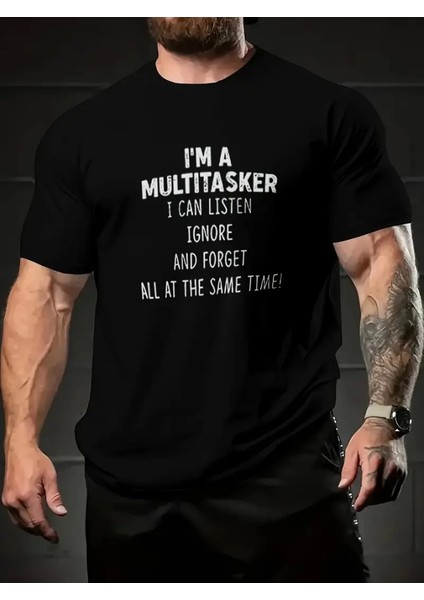 Baskılı Oversize Bisiklet Yaka T-Shirt - Siyah