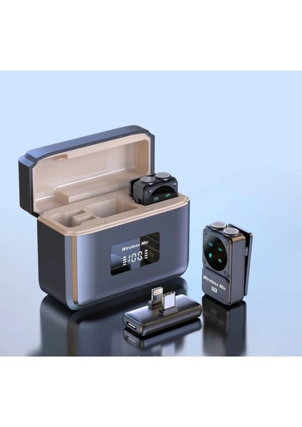 Q12 Iphone ve Android Uyumlu Kablosuz Yaka Mikrofonu Göstergeli LED Şarj Kutulu Gürültü Azaltma