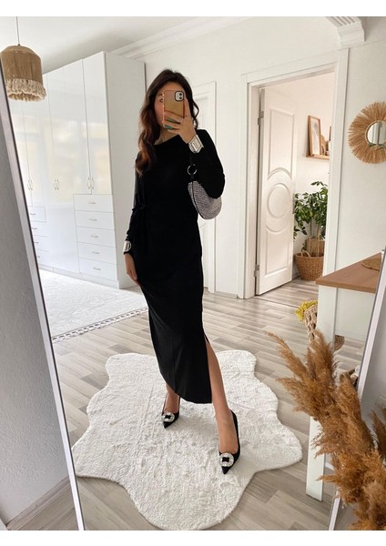 Kadın Uzun Kollu Bisiklet Yaka Belden Çapraz Bağlamalı Yandan Yırtmaçlı Uzun Viskon Iki Iplik Elbise modelleri