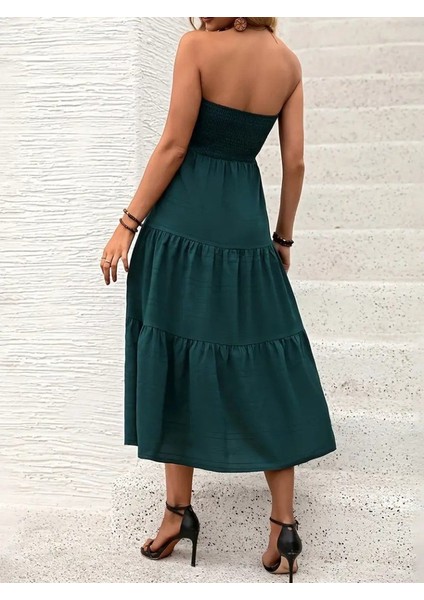 Kadın Straplez Göğüsten Lastikli Kloş Aerobin Uzun Elbise modelleri