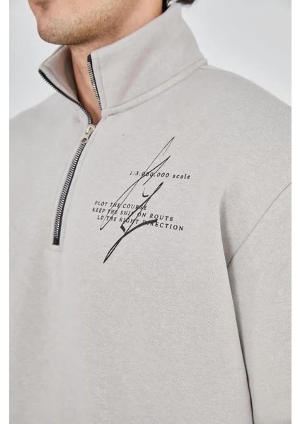 Erkek Yarım Fermuarlı Baskılı Sweat - Boyalı Gri modelleri