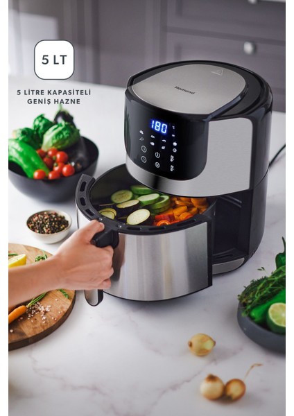 8 Programlı, 5 Litre, Dokunmatik Ekranlı, Siyah Fritöz Inox