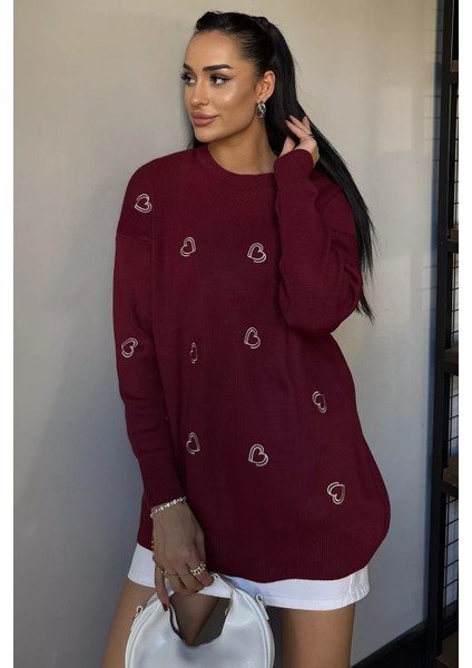 Kalp Nakışlı Kadın Triko Kazak P-00018426