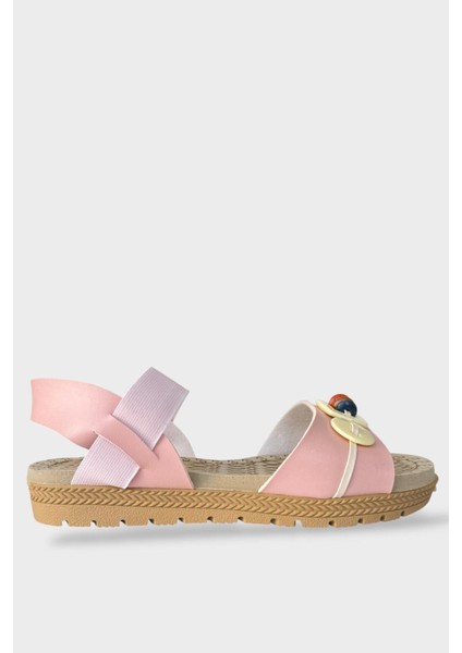 Lastikli Boncuk Detaylı Günlük Kadın Sandalet Pudra - Krem