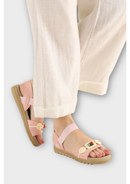 Lastikli Boncuk Detaylı Günlük Kadın Sandalet Pudra - Krem fiyatları