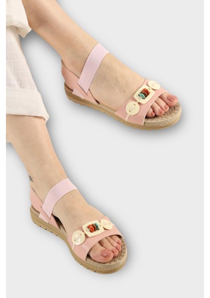 Lastikli Boncuk Detaylı Günlük Kadın Sandalet Pudra - Krem modelleri