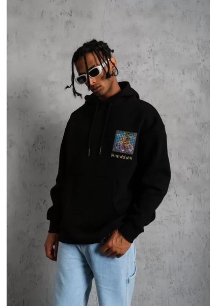 Erkek Patel Six Baskılı Kapüşonlu Sweat - Siyah fırsatları