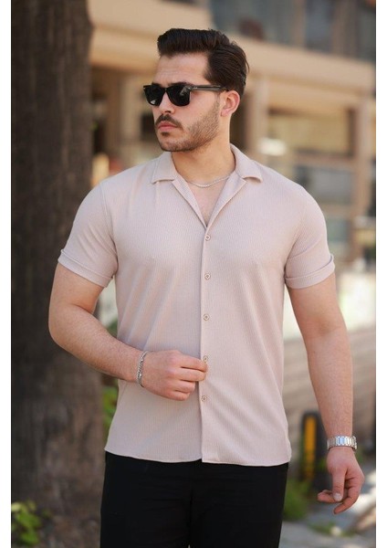 Erkek Ottoman Kumaş Apaj Yaka Kısa Kollu Gömlek