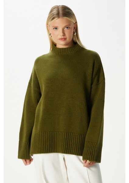 Kadın Homy Yumuşacık Bisiklet Yaka Haki Oversize Triko Kazak