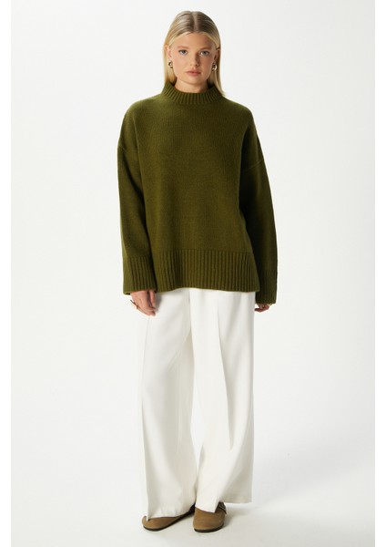 Kadın Homy Yumuşacık Bisiklet Yaka Haki Oversize Triko Kazak modelleri