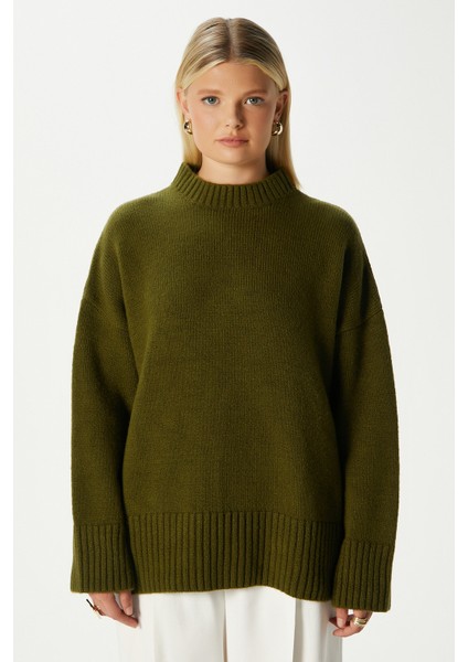 Kadın Homy Yumuşacık Bisiklet Yaka Haki Oversize Triko Kazak fırsatları